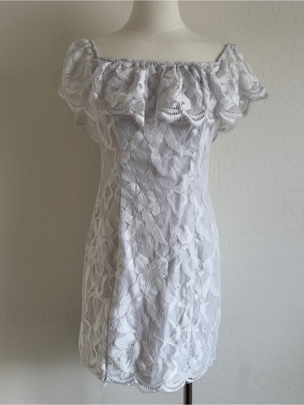 Guess White One-Shoulder Lace Mini Dress